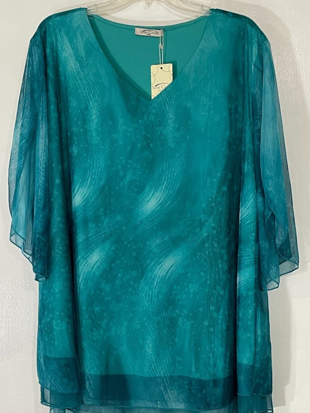 Sese Code Women’s Turquoise Sheer Blouse NWT Size 3XL Short Sleeve Polyester